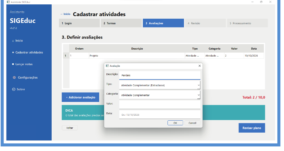 Definir avaliações